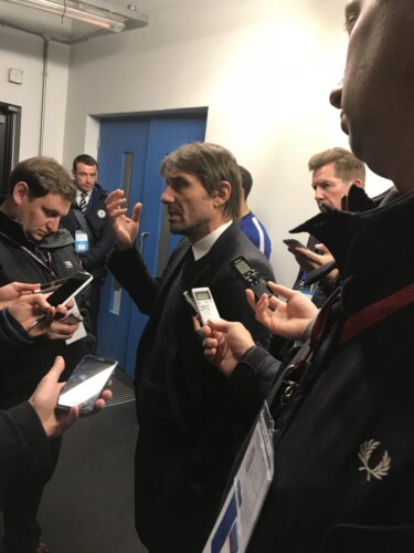 Antonio Conte talks to journalists after Chelsea’s 1-0 defeat to West Ham Photo: Paul Lagan