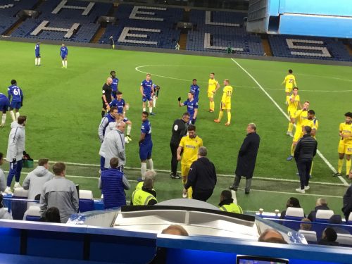 Anthony Wordsworth is given a straight red card for fouling Tariq Lamptey five minutes from the final whistle