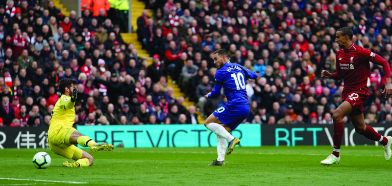 Eden Hazard strikes the Liverpool post Photo by Sean Gosling