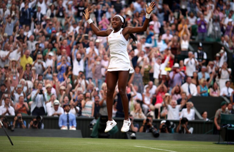 Cori Gauff celebrates beating Polona Hercog on day five of the Wimbledon Championships