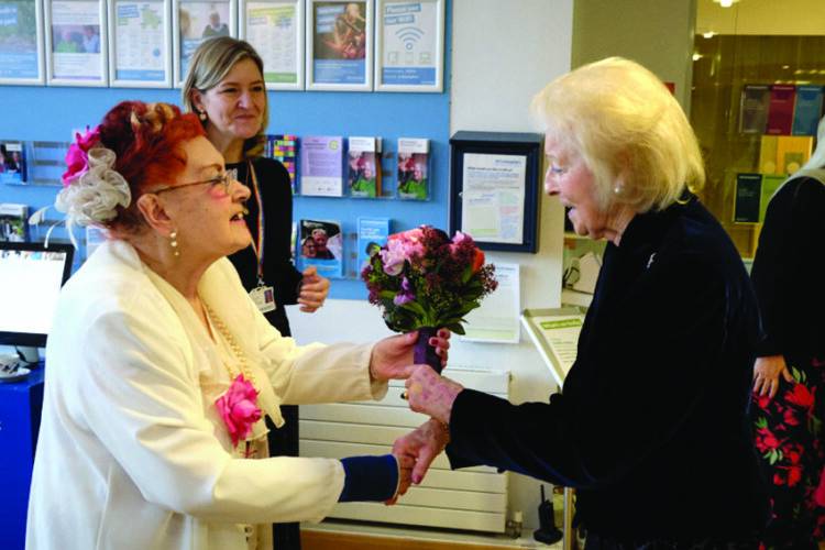 Shirley McDonald presents HRH Princess Alexandra flowers at St Christopher`s Hospice in Sydenham