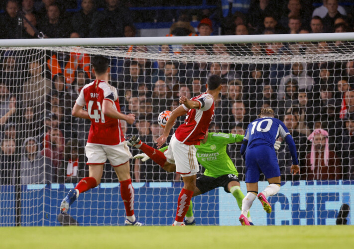 A handball from Arsenal's William Saliba results in a penalty being given during the Premier League match at Stamford Bridge, London. Picture date: Saturday October 21, 2023.