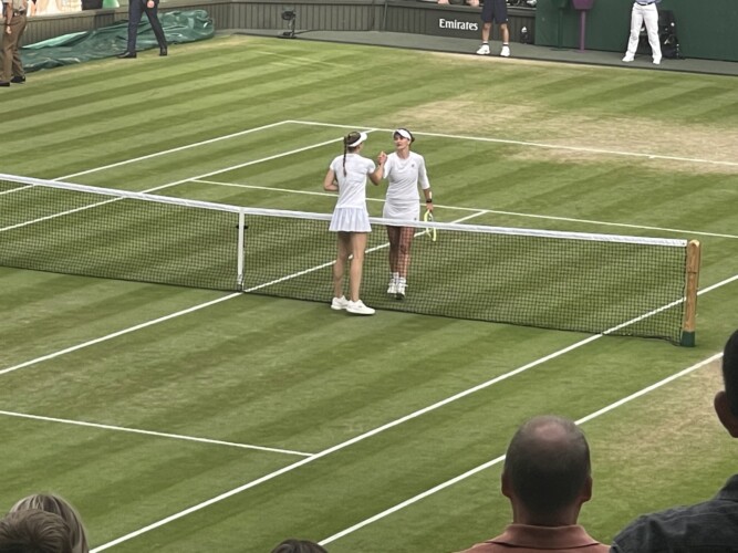 Krejcikova shakes the hand of the vanquished Rybakina Picture by Paul Lagan