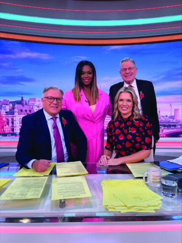 Sarah Tetteh, Richard Fitzwilliam with Ed Balls and Charlotte Hawkins on GMB