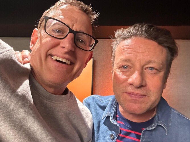 Jamie Oliver, right, opens up to Louis Theroux, left, on just why he’s determined to get Londoners healthy on The Louis Theroux Podcast Picture: The Louis Theroux Podcast